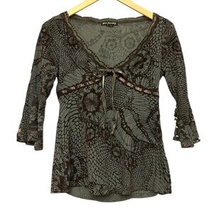 ANN FERRIDAY 90s Y2K Fairycore Swancore Top Fluted Lace Sleeve Velvet Detail